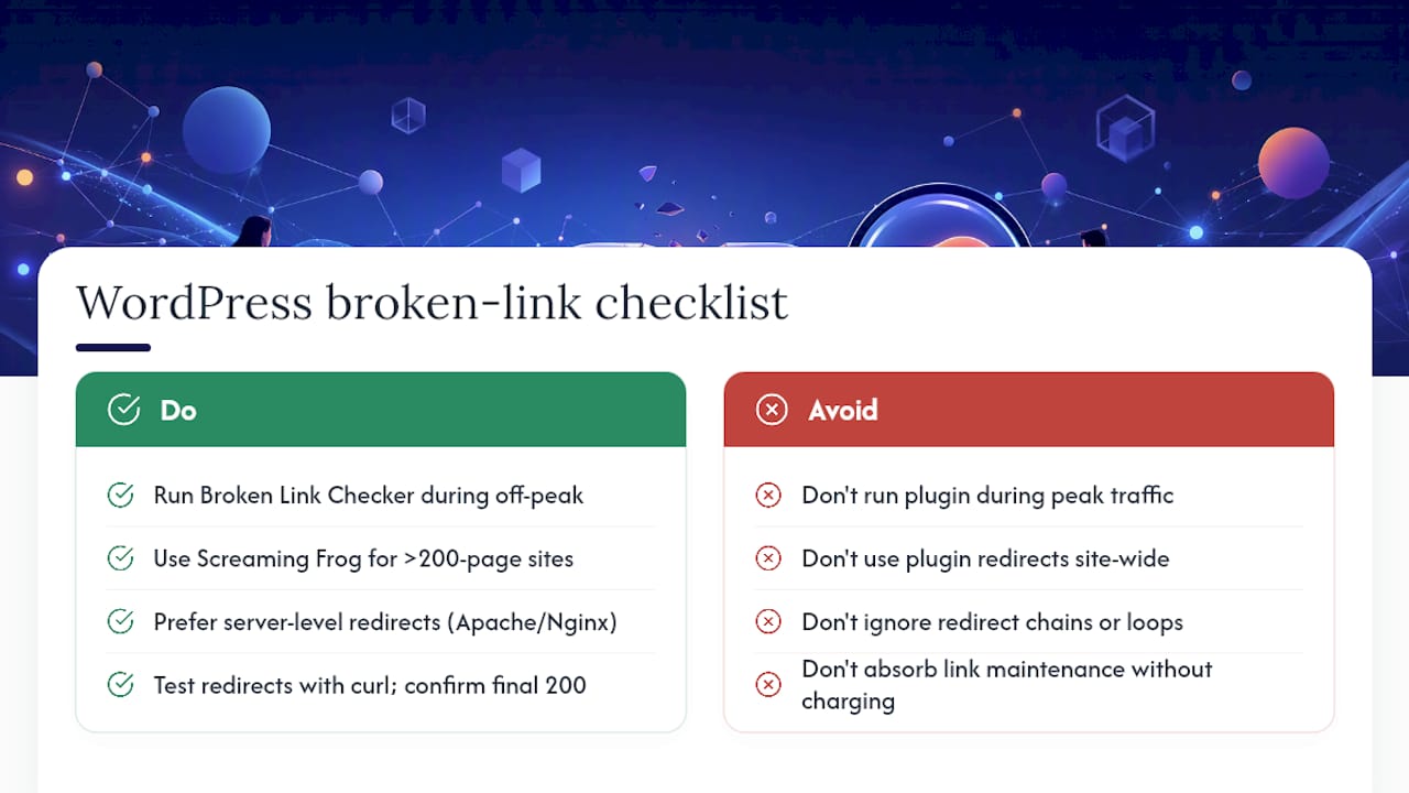 WordPress-specific: find and fix broken links safely — overview diagram
