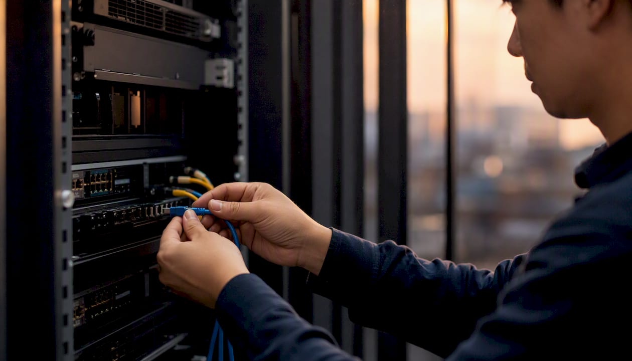 Hands connecting network cable in server room