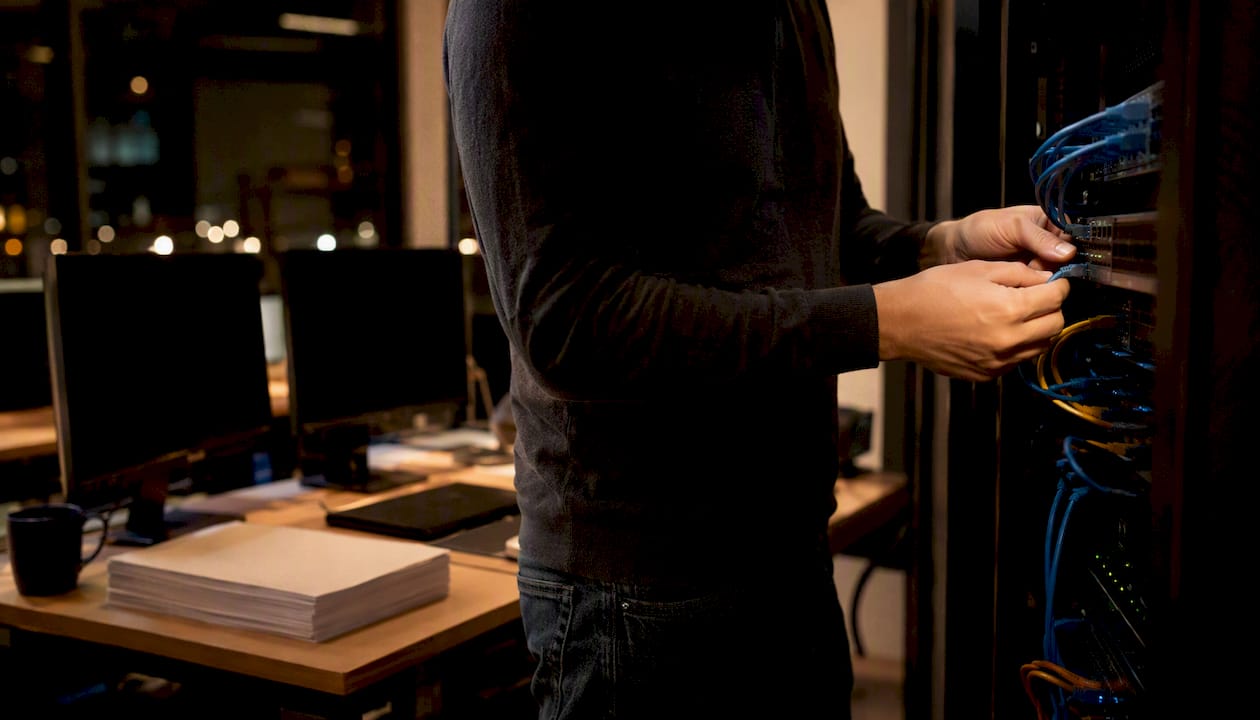 Hands connecting network cable in agency workspace