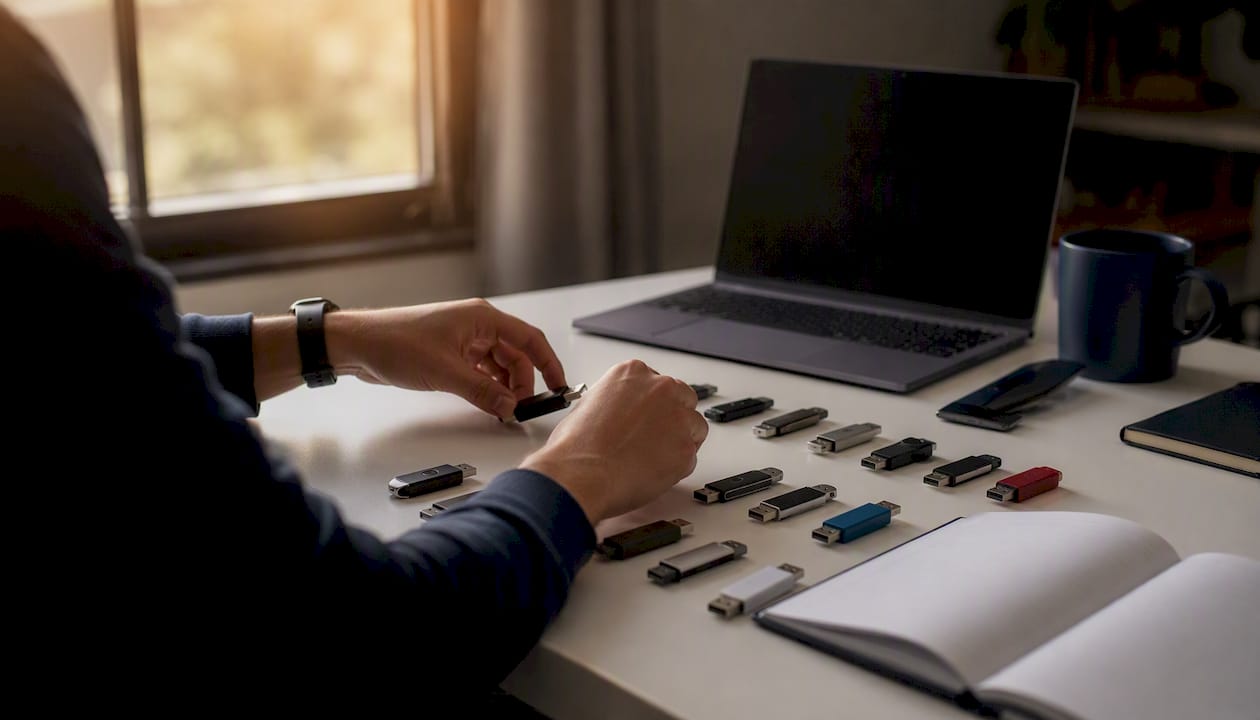 Developer hands with USB drive and notebook