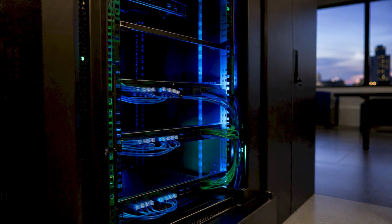 Server rack with cables and LED indicators