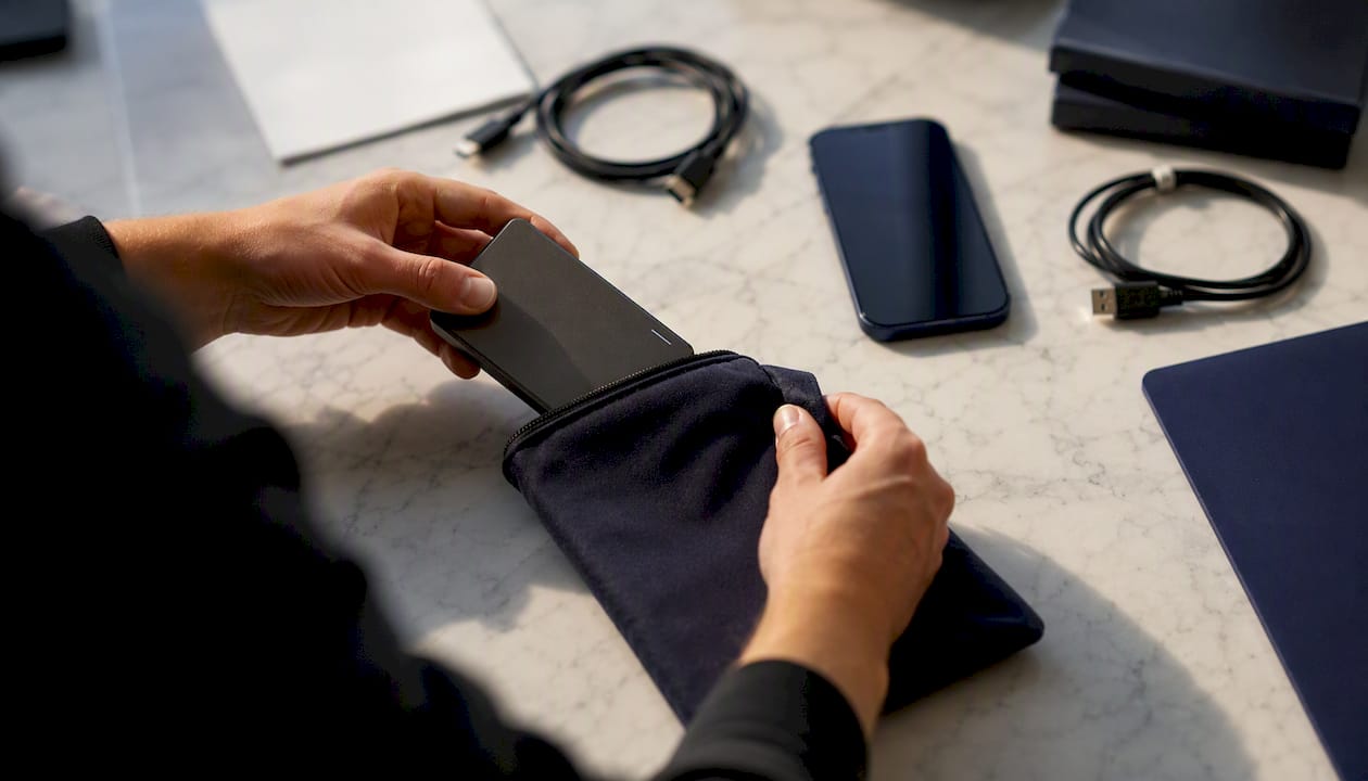 Hands packing external storage for backup