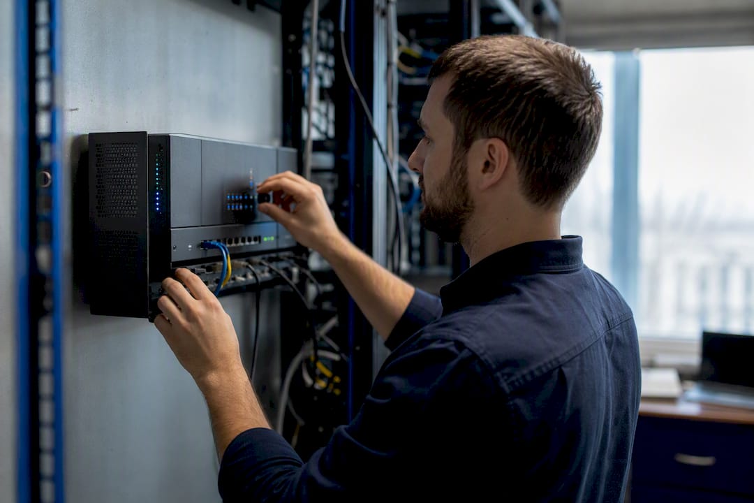 Hands adjusting firewall device controls