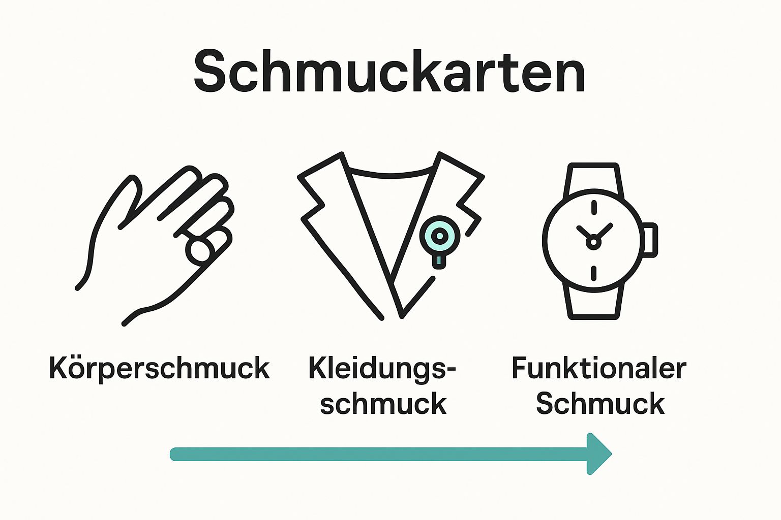 Infografik mit drei Icons zu Körperschmuck, Kleidungsschmuck und funktionalem Schmuck