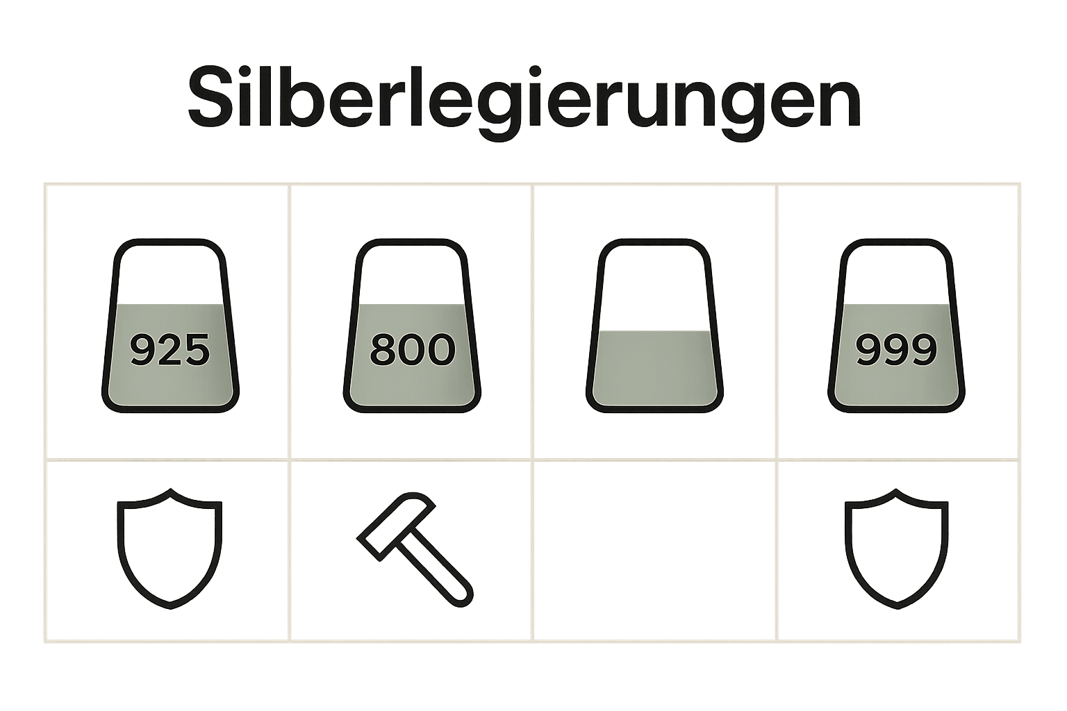 Vergleich Silberlegierungen mit Symbolen für Eigenschaften
