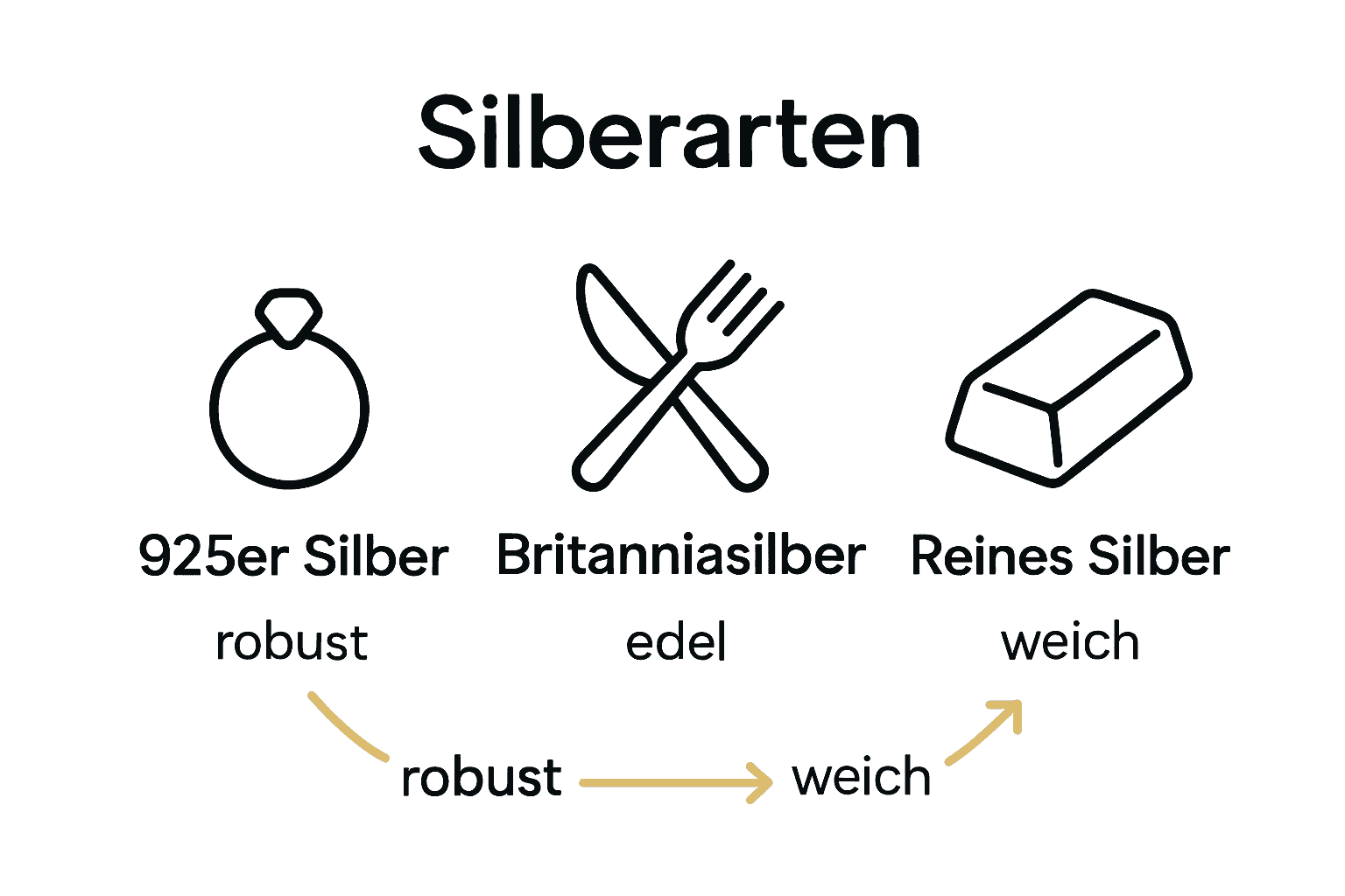 Vergleich von 925er Silber, Britanniasilber und Reinsilber anhand von Icons und Prozentzahlen.