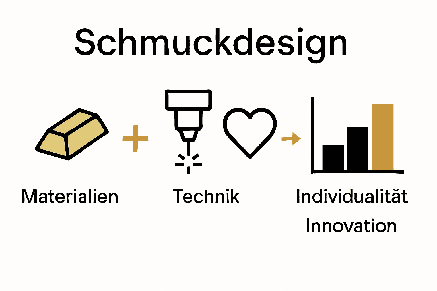 Infografik mit Symbolen für Material, Technik und Personalisierung im Schmuckdesign