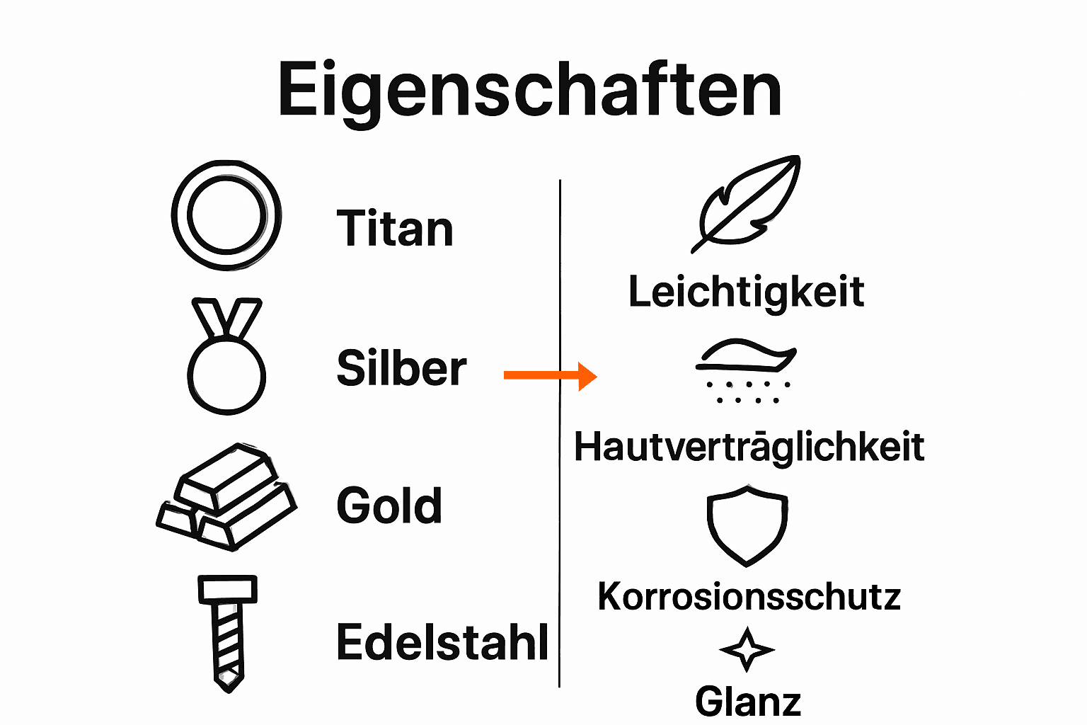 Vergleich Eigenschaften Titan, Silber, Gold und Edelstahl