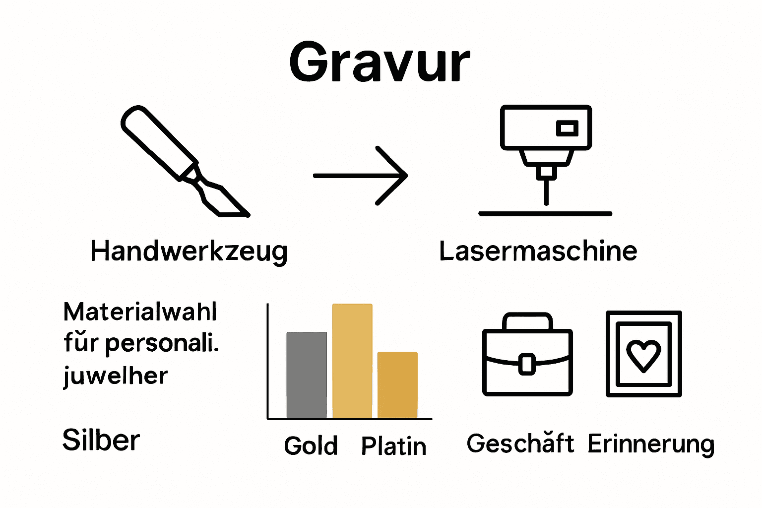 Infografik zu Gravurarten, Materialien und Einsatzmöglichkeiten bei personalisiertem Schmuck.