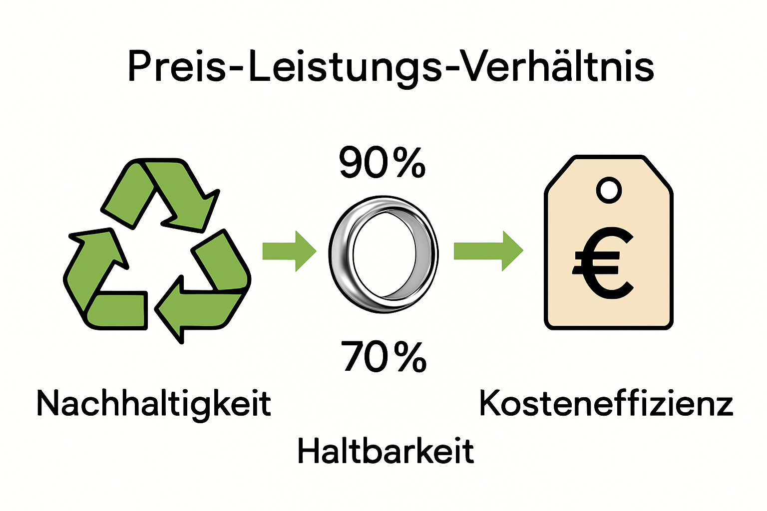 Infografik zu Nachhaltigkeit, Haltbarkeit, Preis-Leistung von Edelstahlschmuck