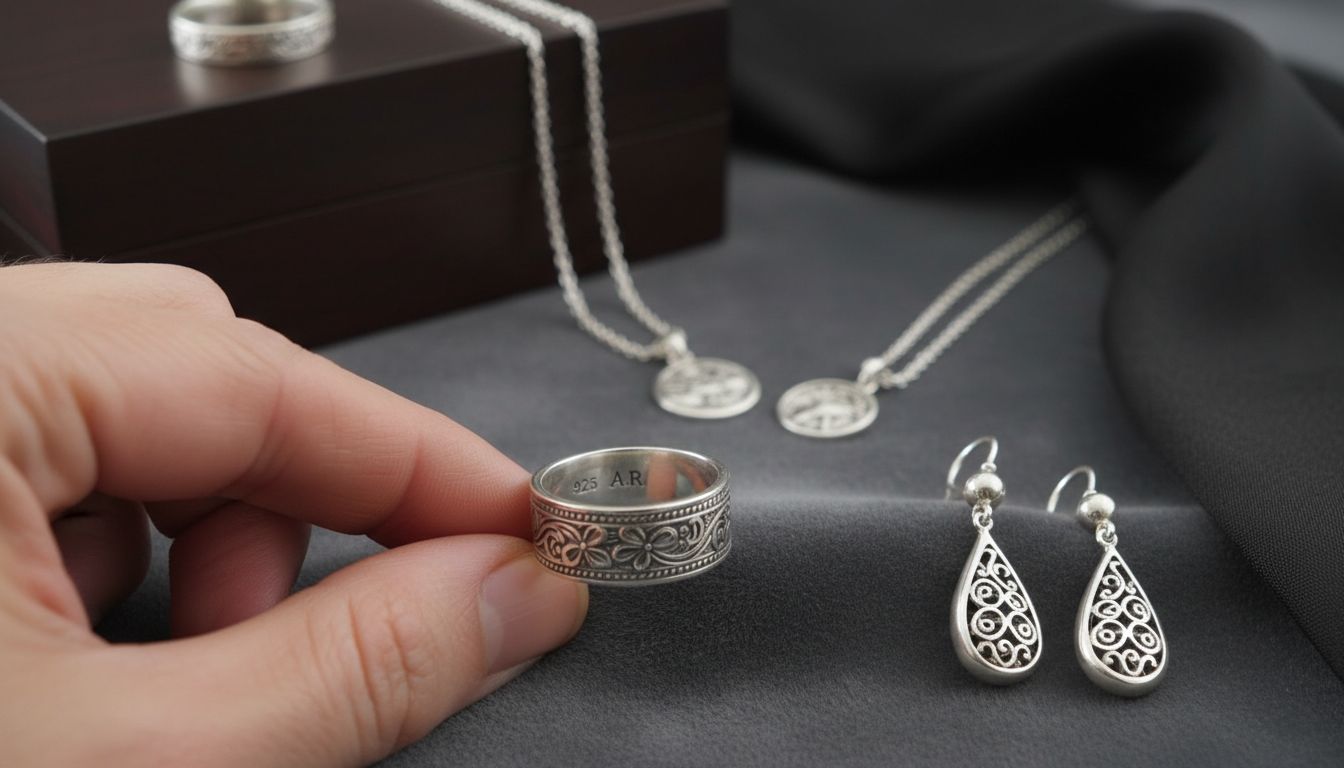 Nahaufnahme von edlem Silberschmuck auf dunklem Untergrund