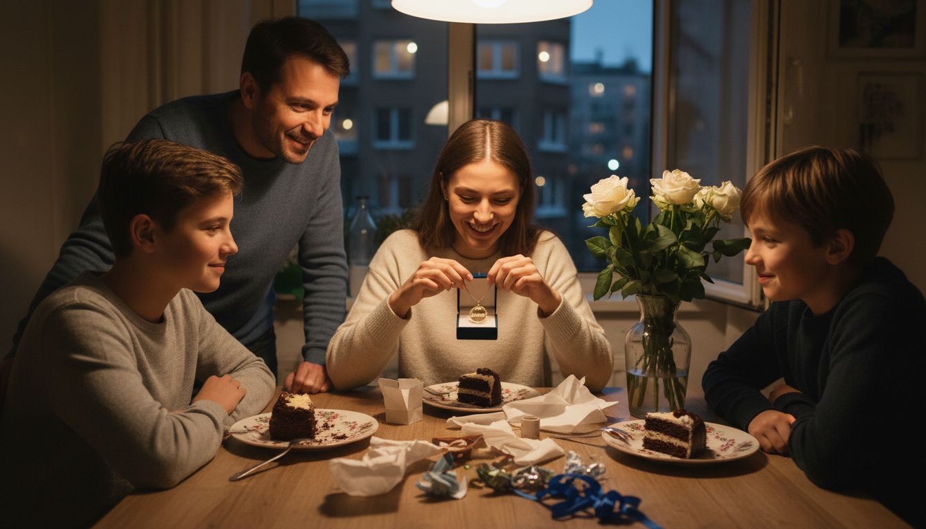 Family gifting personalized jewelry at birthday dinner