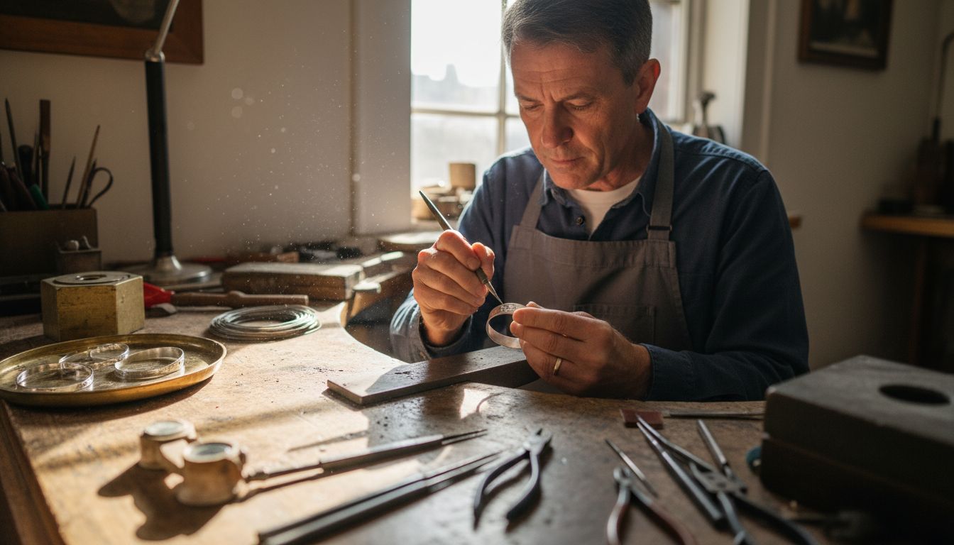 Jeweler engraving silver bracelet at workshop bench