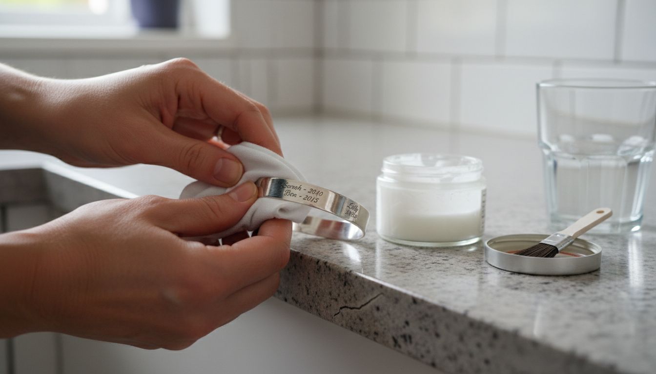 Hands cleaning silver bracelet on counter