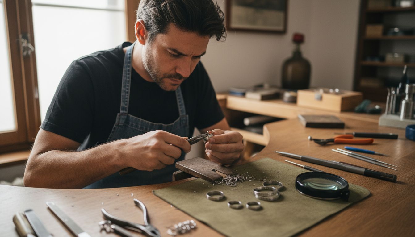 Artisan shaping stainless steel jewelry bench