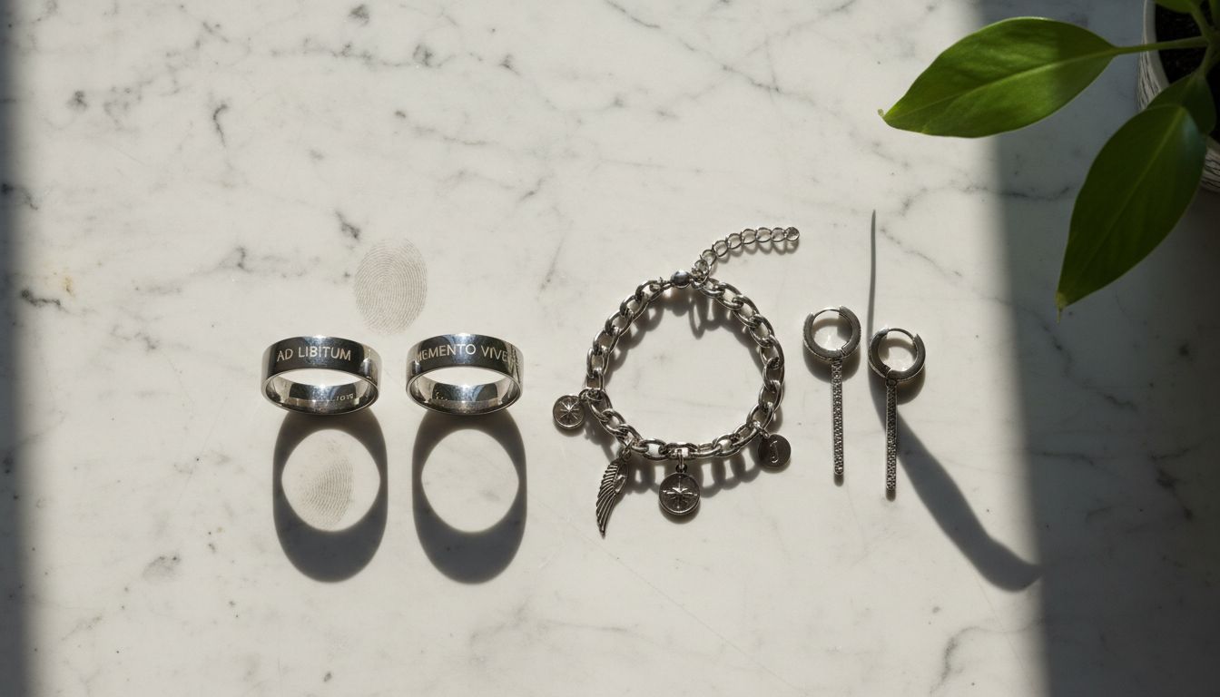 Stainless steel jewelry types on tabletop
