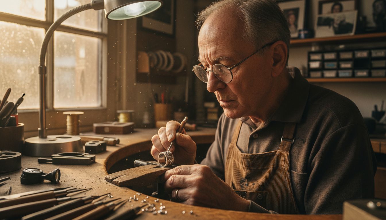 Goldsmith engraving a silver ring at bench