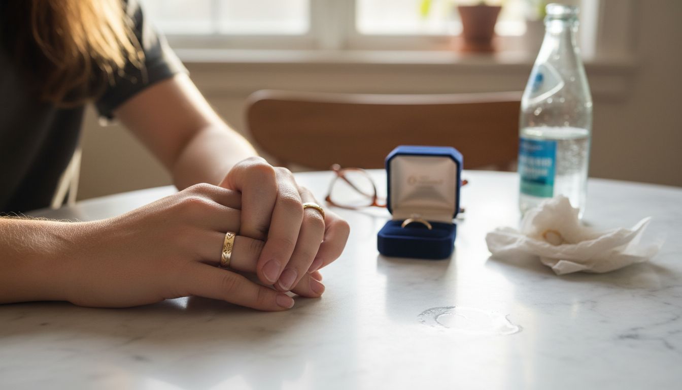 Engraved gold wedding rings on couple’s hands