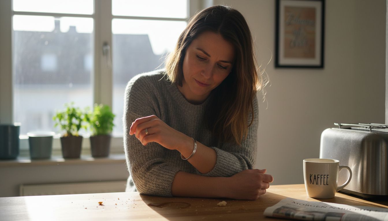 In der Küche betrachtet eine Frau nachdenklich ihr silbernes Armband.