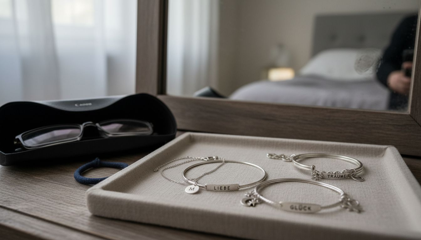 Detailaufnahme von silbernen Bettelarmbändern, die auf einem Tablett arrangiert sind.