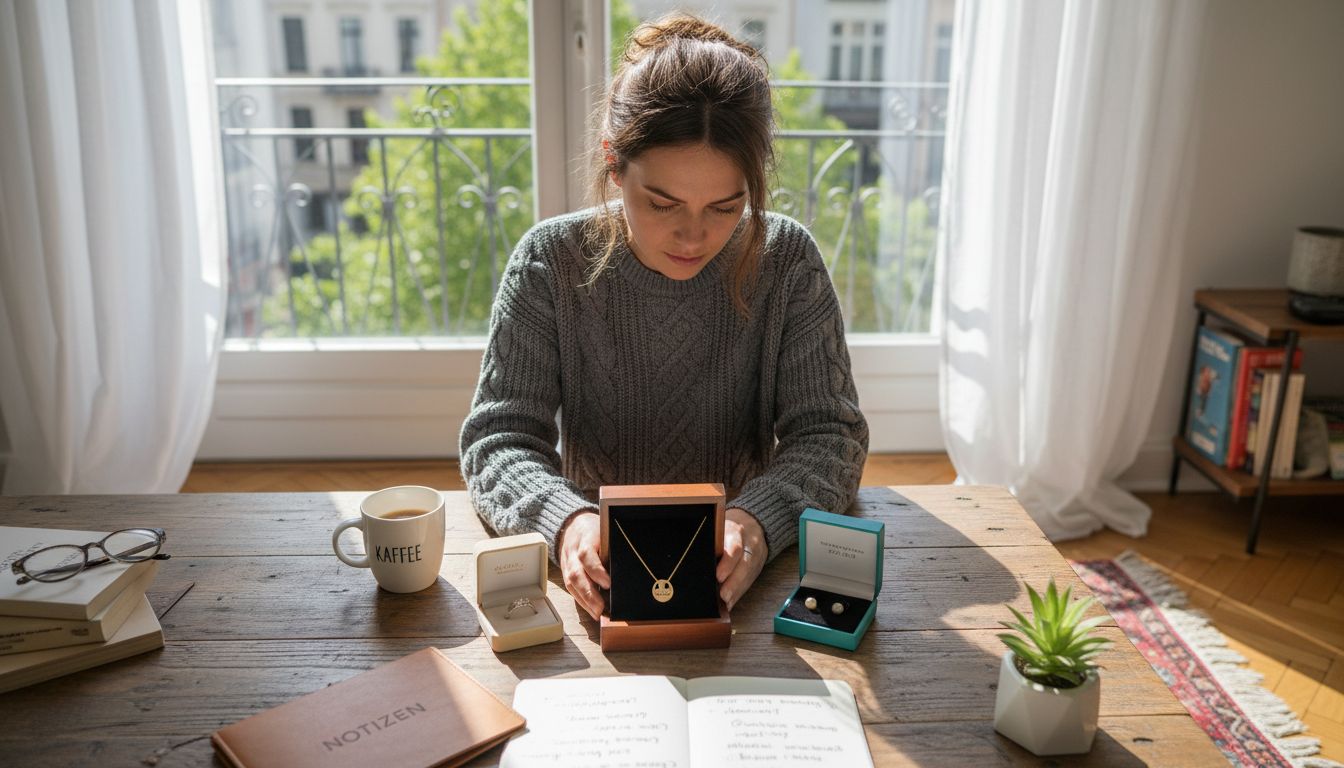 Eine Frau sitzt am Wohnzimmertisch und sucht sich in Ruhe ihren Lieblingsschmuck aus.