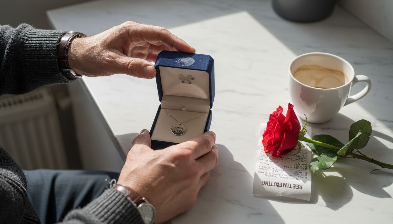 Ein Mann öffnet in der Küche eine kleine Schmuckschatulle.