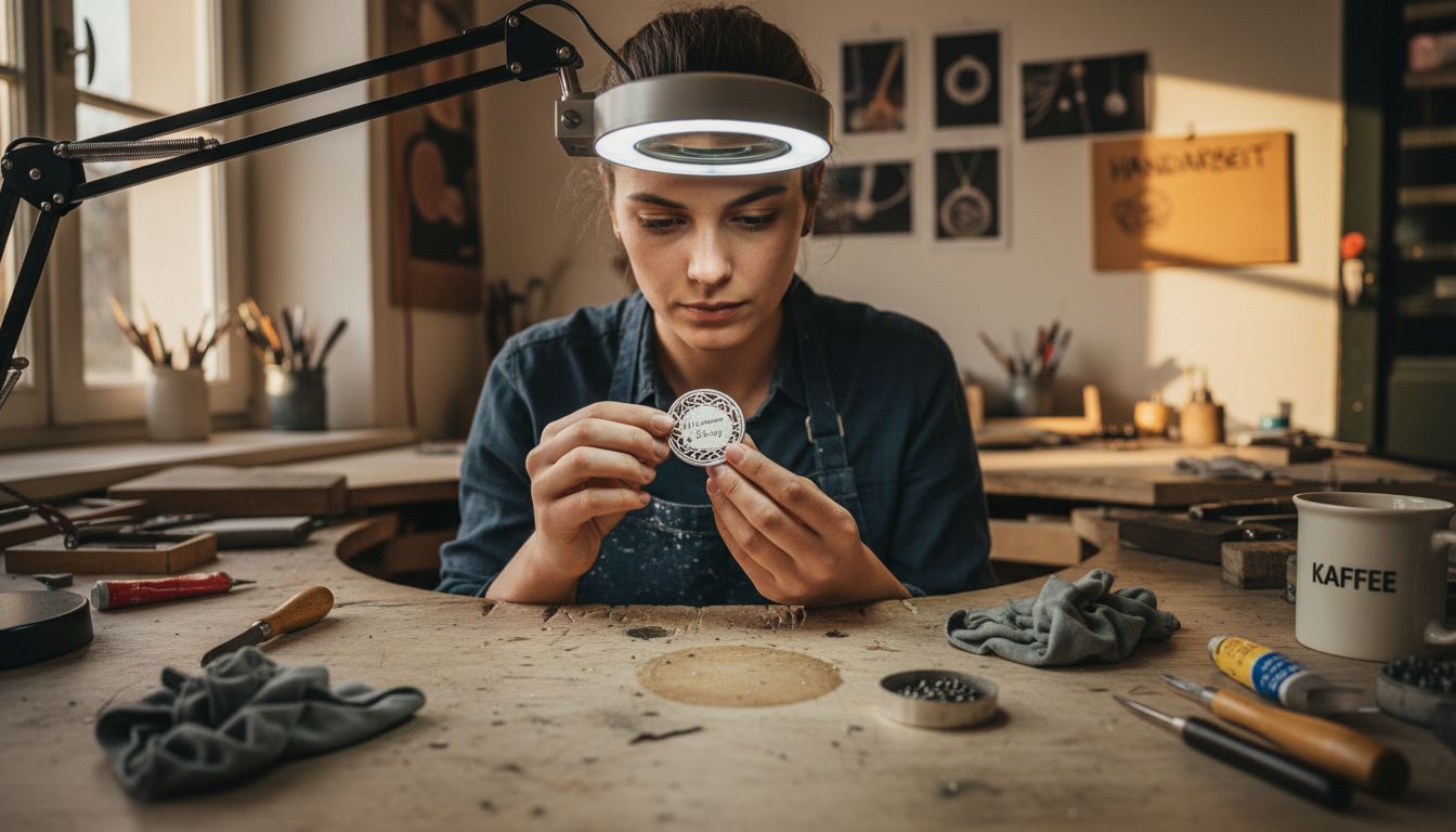 Ein Goldschmied graviert an seiner Werkbank ein silbernes Anhänger-Unikat.