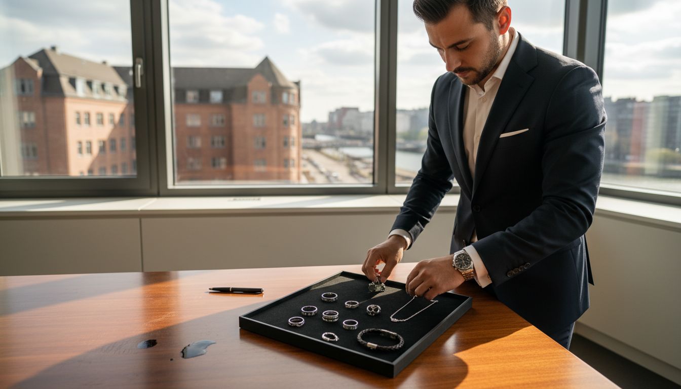 Ein Mann sucht sich im Büro stilvollen Herrenschmuck aus.