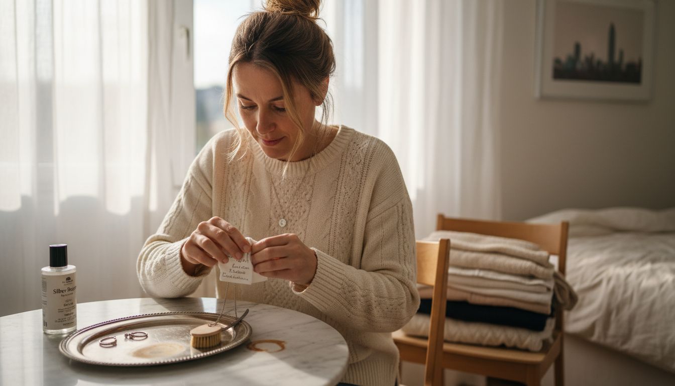 Eine Frau bringt ihren Schmuck an einem hell erleuchteten Schminktisch zum Glänzen.