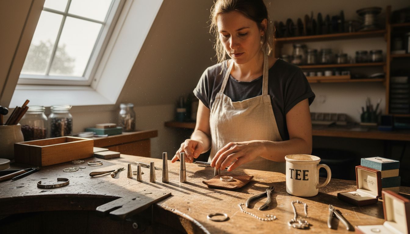 Eine Schmuckdesignerin sortiert ihre Werkzeuge in ihrem lichtdurchfluteten Atelier.