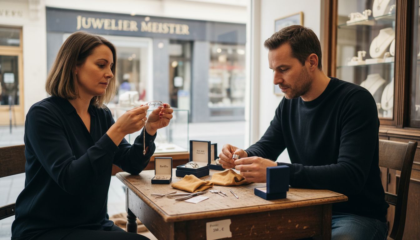Ein Mann und eine Frau begutachten gemeinsam ausgefallene Schmuckstücke und vergleichen ihre Besonderheiten.