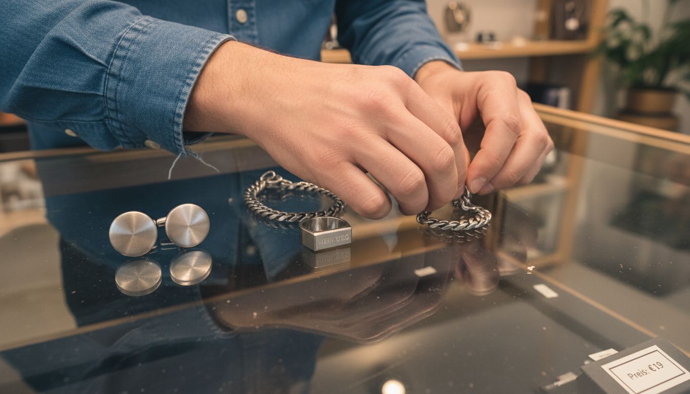 Hochwertiger Schmuck für Herren, stilvoll präsentiert auf einer gläsernen Theke