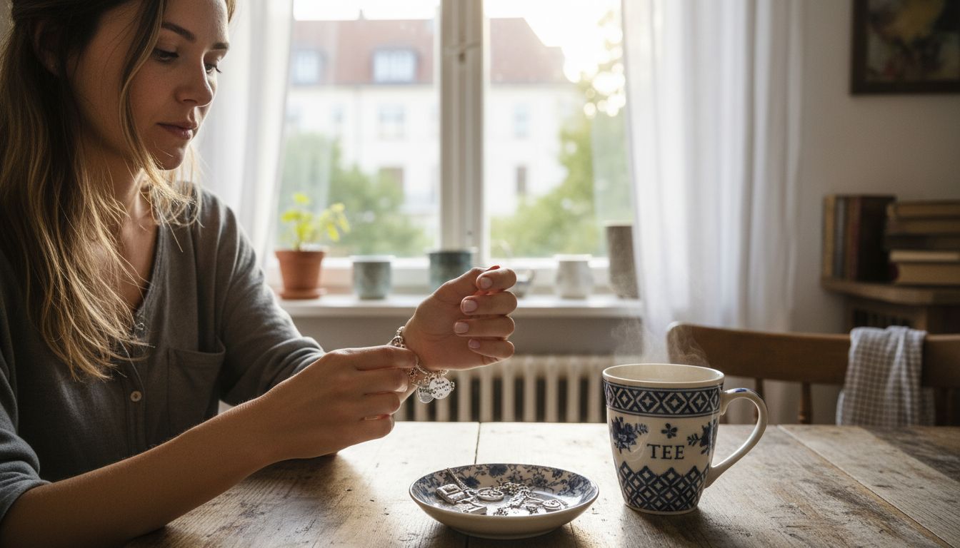 In der sonnendurchfluteten Küche legt sich eine Frau ein Armband mit kleinen Anhängern an.