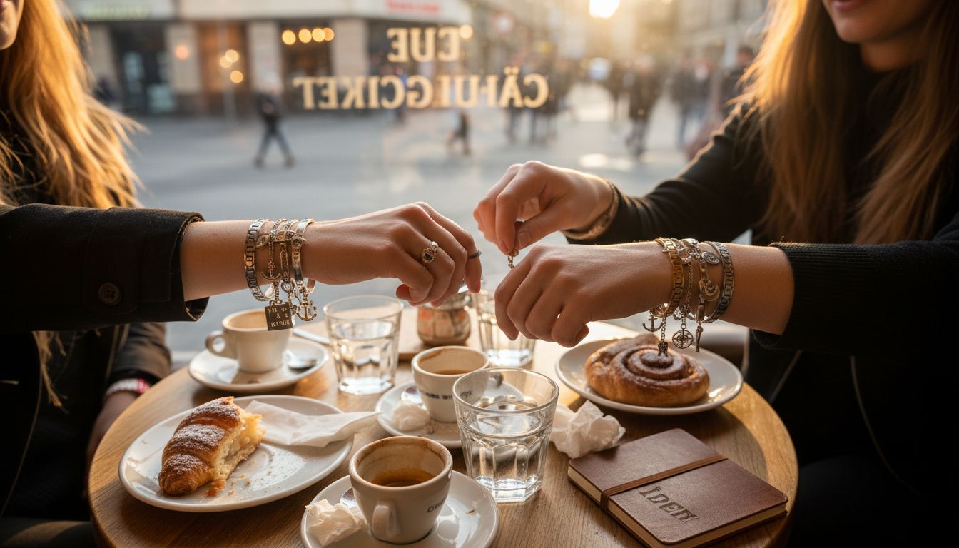 Zwei Hände begutachten verschiedene Materialien für ein Charm-Armband bei einer Tasse Kaffee im Café.
