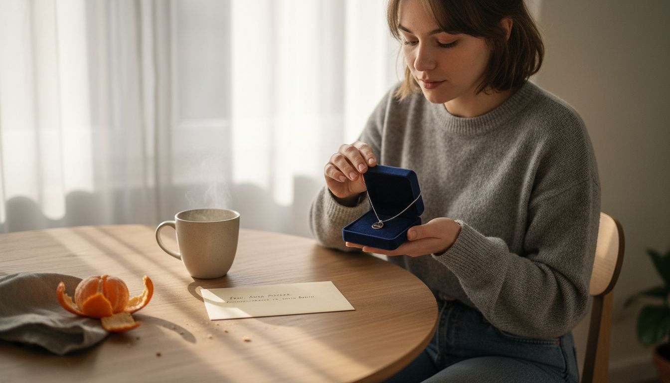 In der von Sonnenlicht durchfluteten Küche öffnet eine Frau freudig ein Schmuckgeschenk.