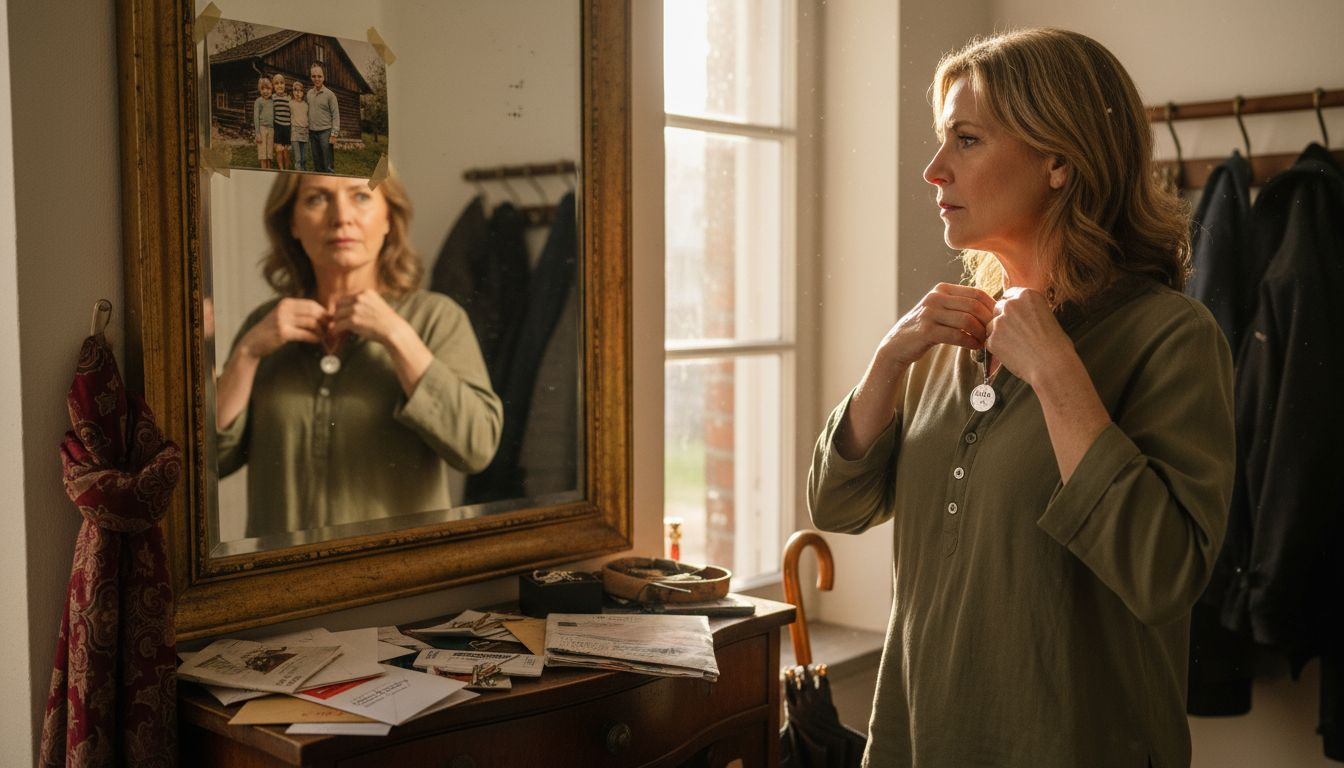 Eine Frau legt sich vor dem Spiegel im Flur eine Halskette an.