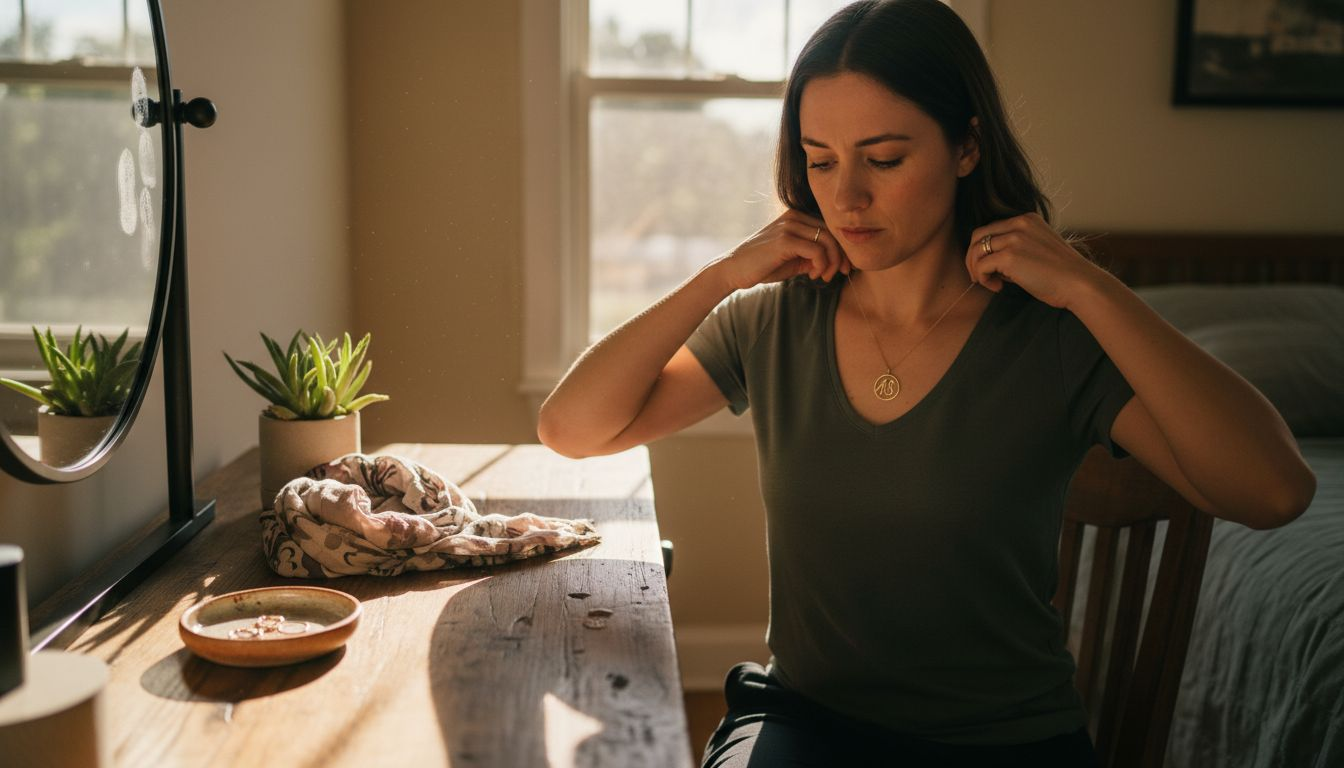 Eine Frau legt sich vor dem Spiegel eine individuell gravierte Halskette an.