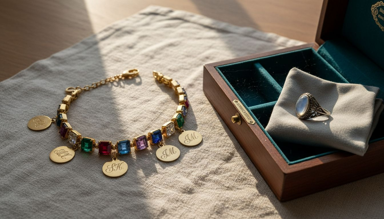 Detailaufnahme eines Armbands mit Geburtssteinen auf dem Tisch