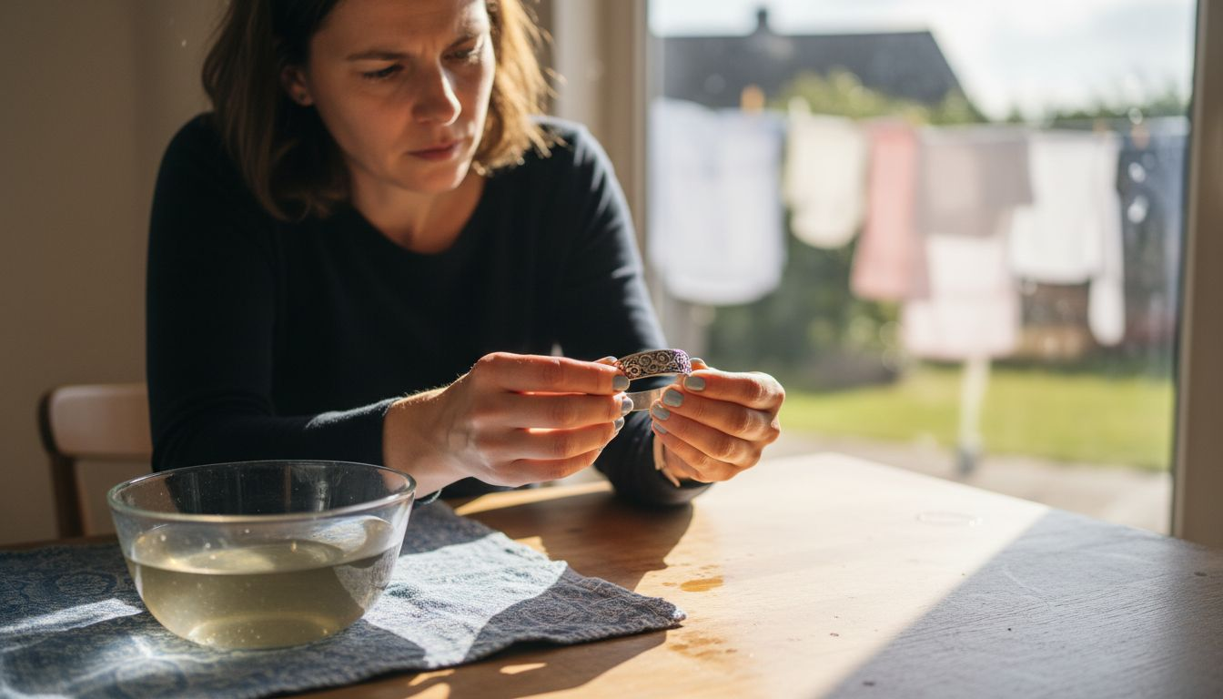 Eine Frau bereitet filigranen Silberschmuck darauf vor, ihn gründlich zu reinigen.