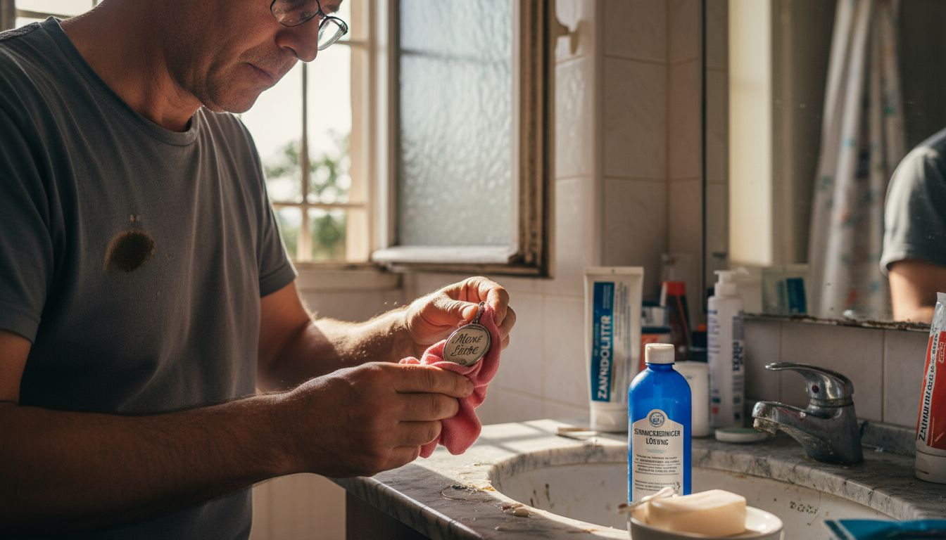 Ein Mann reinigt im Badezimmer ein Edelstahl-Schmuckstück mit Gravur.
