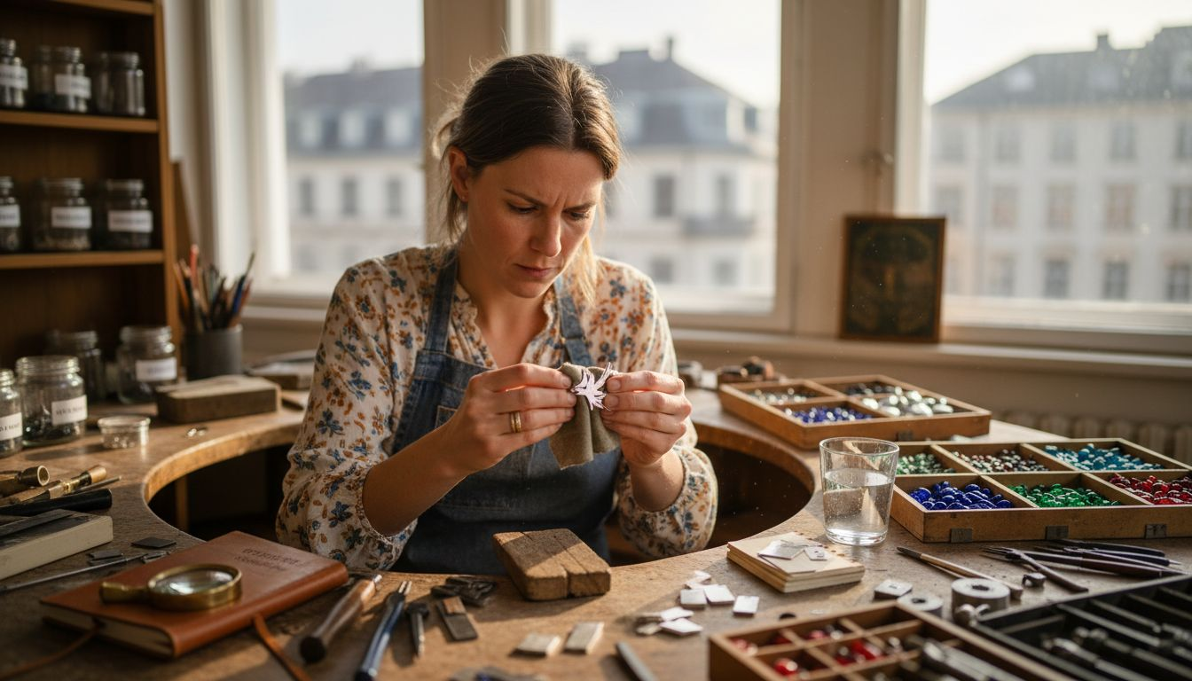 Eine Schmuckdesignerin arbeitet konzentriert in ihrem lichtdurchfluteten Atelier.