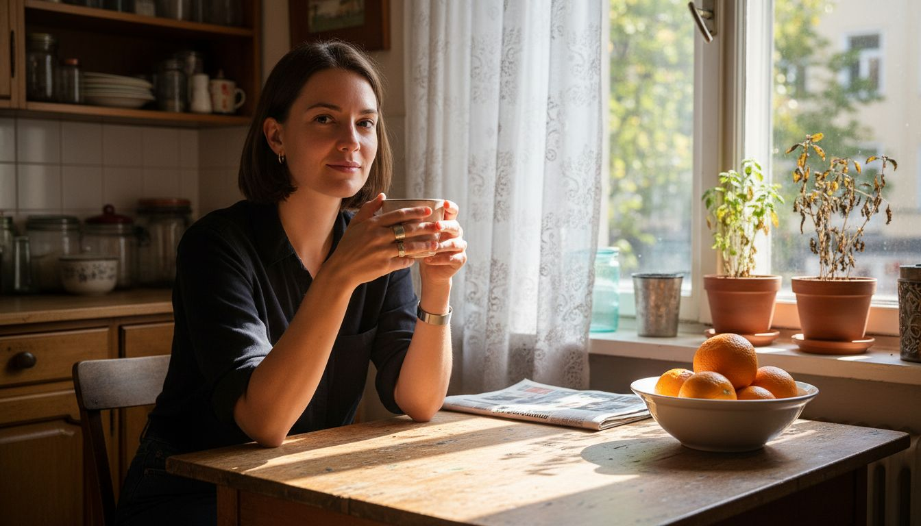 Eine Frau sitzt am Küchentisch und trägt Schmuck aus Edelstahl.