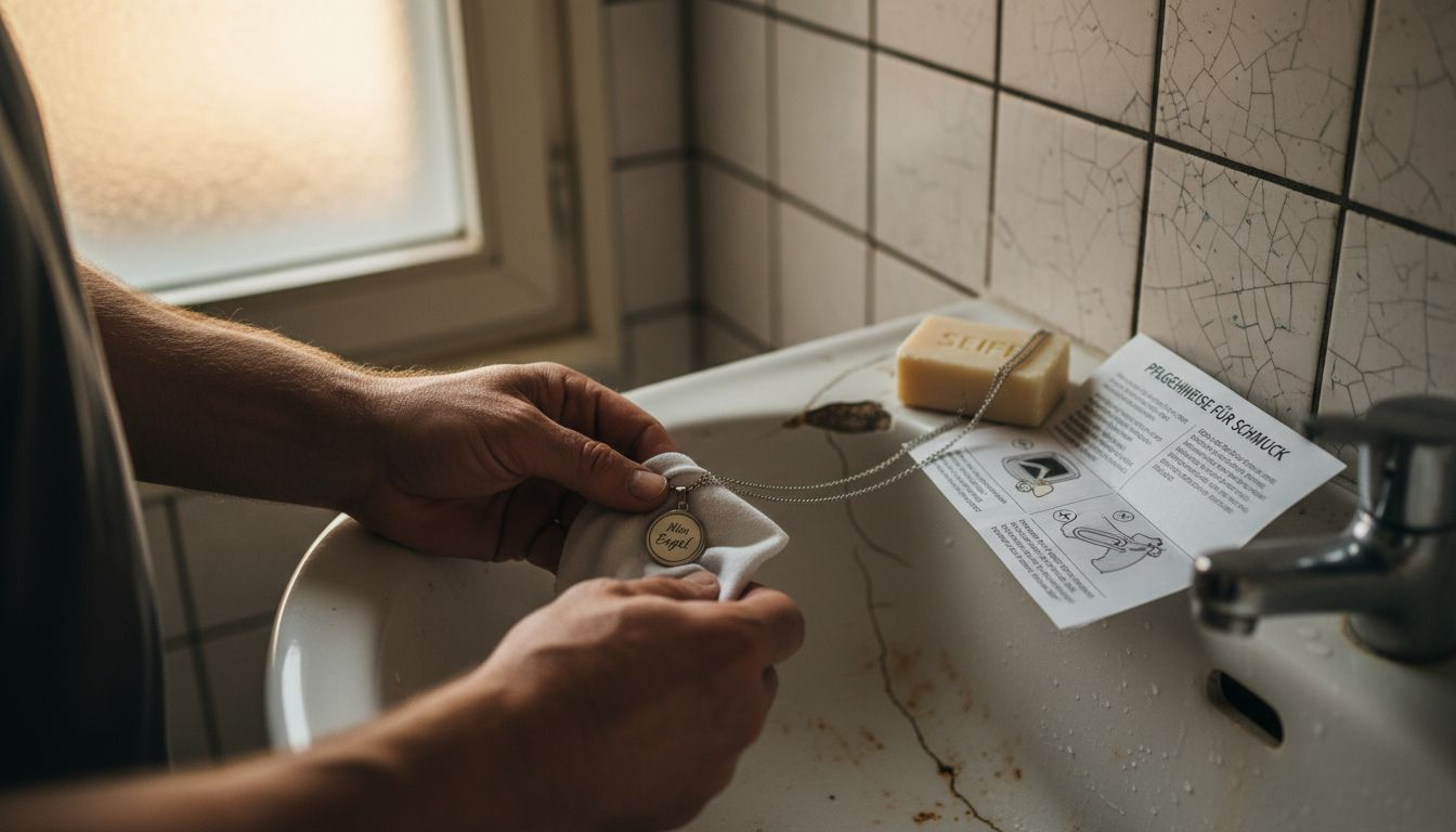 Ein Mann reinigt seine Edelstahlskette im Badezimmer.
