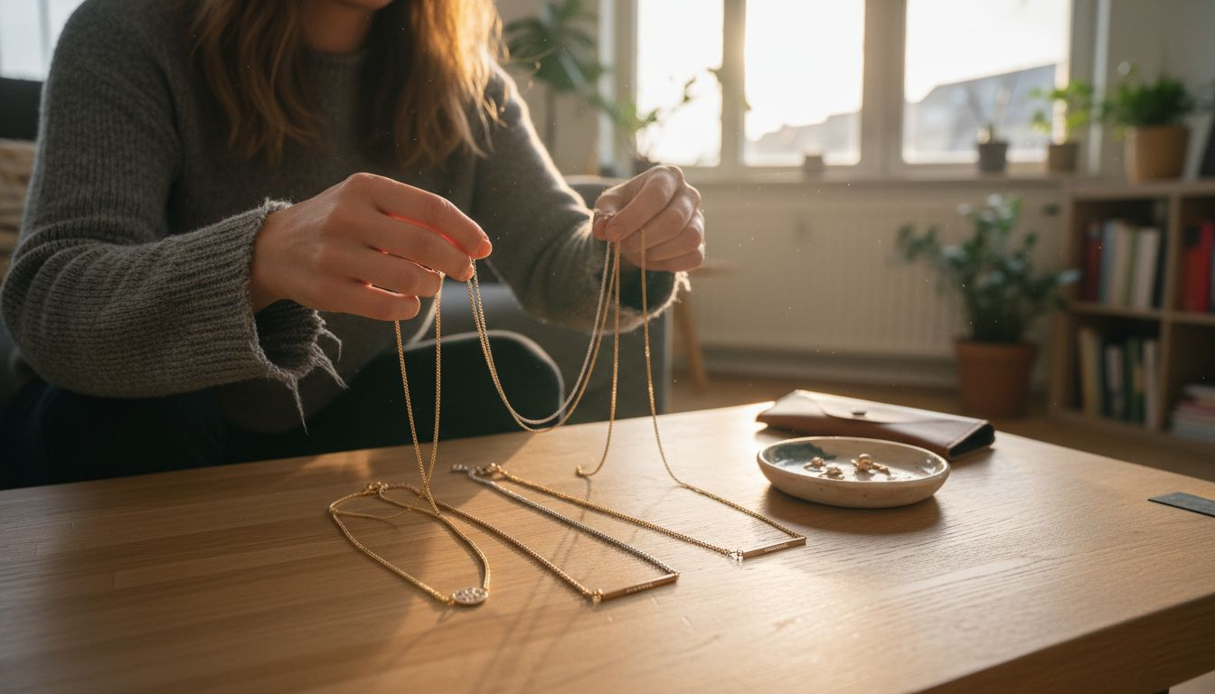 Eine Person sortiert sieben verschiedene Arten von Halskettenketten und ordnet sie übersichtlich an.