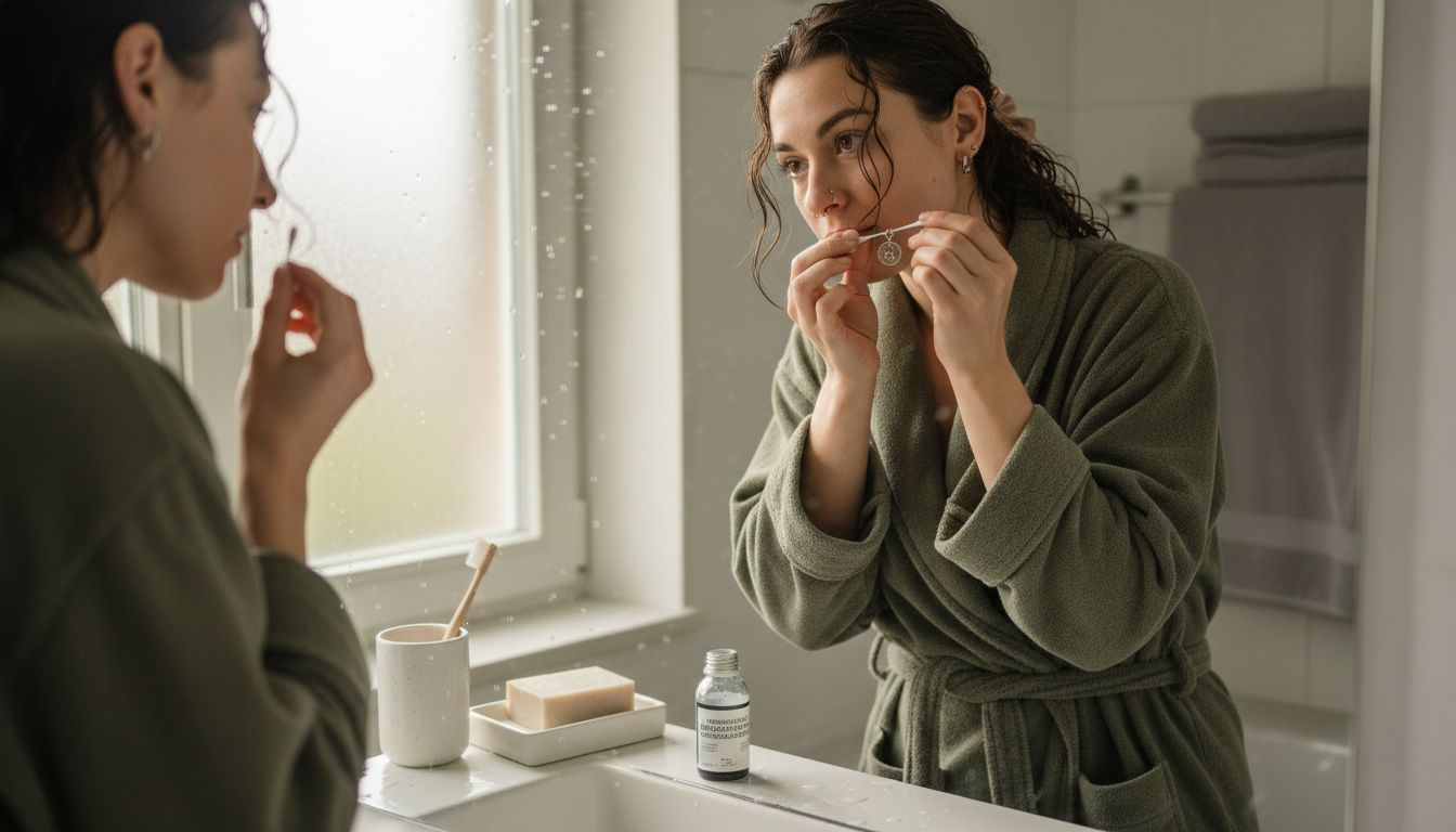 Eine Frau säubert ihr Piercing im Bad.