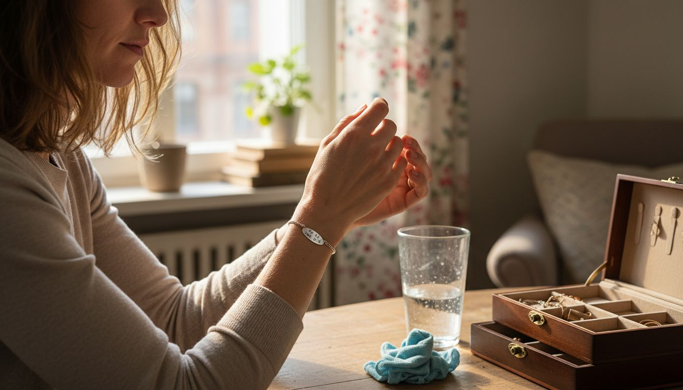 Eine Frau bewundert ihren Silberschmuck am Handgelenk.
