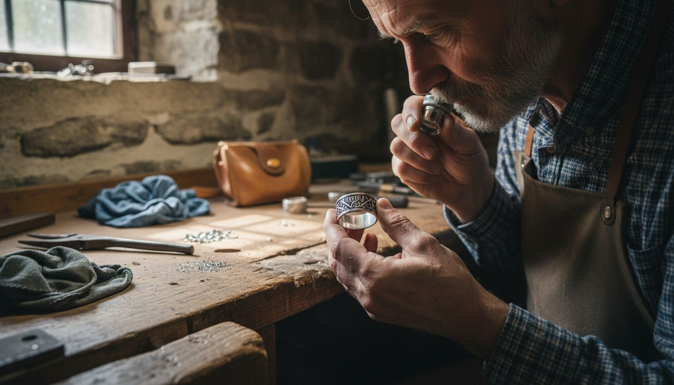 Ein Goldschmied begutachtet einen Silberring sorgfältig durch eine Lupe.