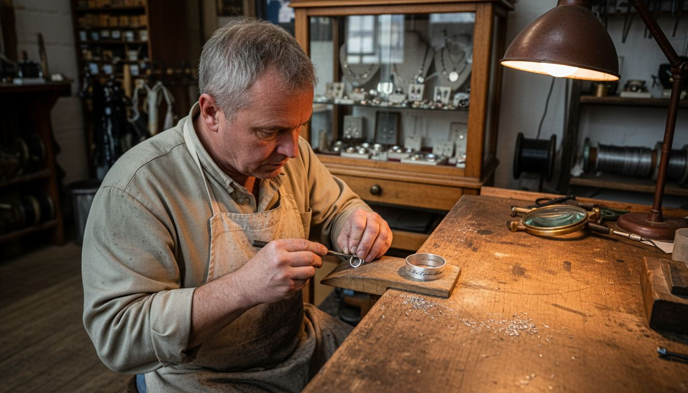 Im Atelier bringt der Goldschmied eine individuelle Gravur auf den Ring an.