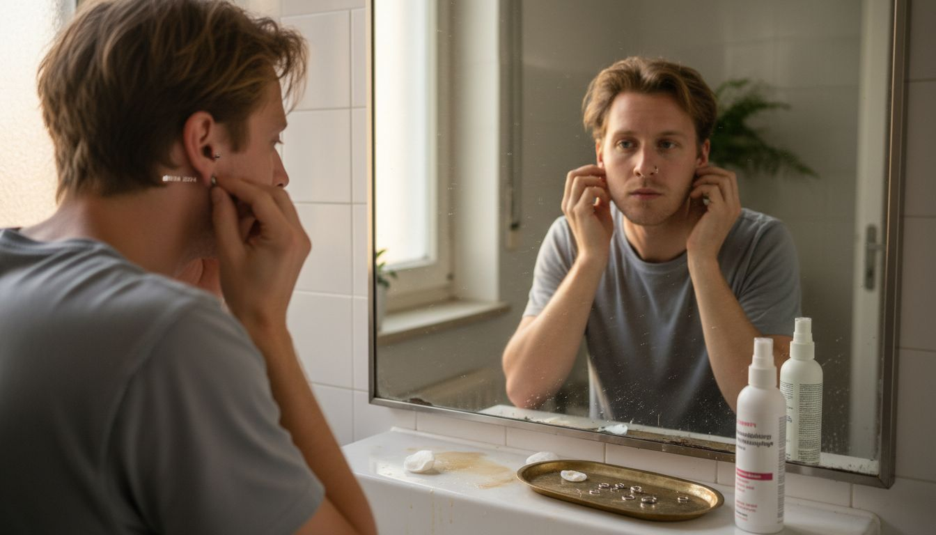 Ein Mann betrachtet sein neues Steckerpiercing prüfend im Spiegel.
