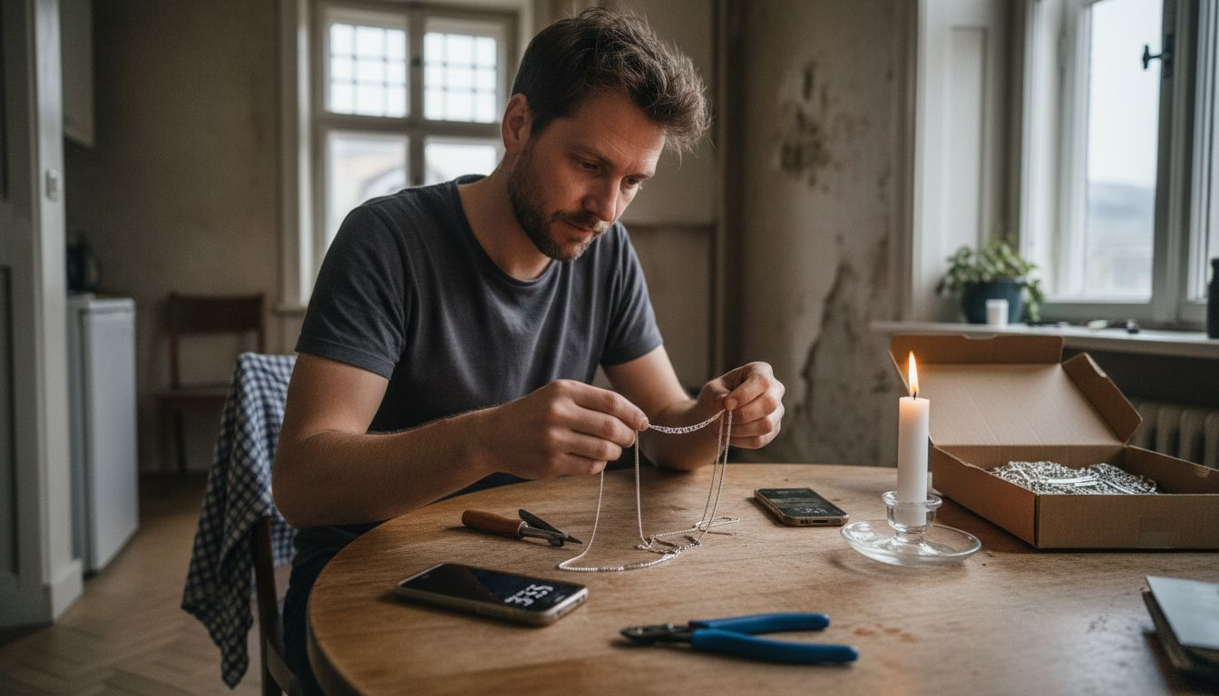 Ein Mann sitzt am Küchentisch und kürzt seine Silberkette.